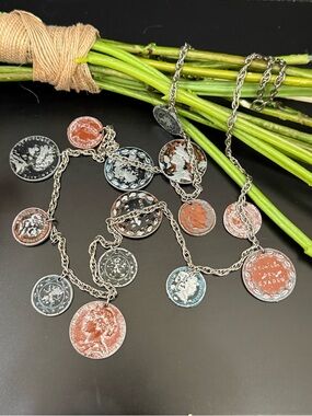 Multicolored Vintage Style Faux French Coin Charm 36” Long Necklace